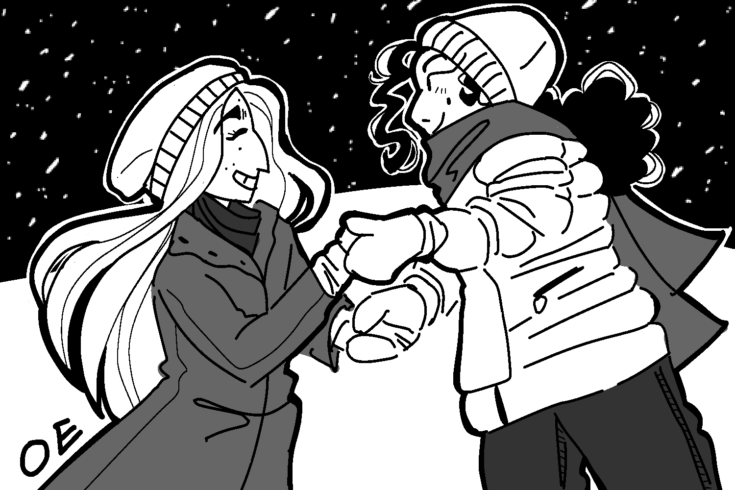 Black and white illustration of the protagonist and Diana, holding hands in the snow