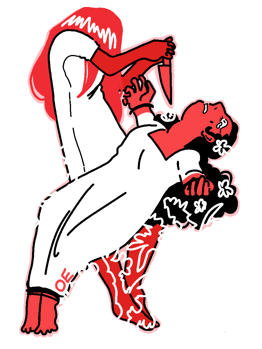 MS Paint style illustration of the protagonist, holding a knife over a restrained and distraught Diana, surrounded by squiggly flowers
