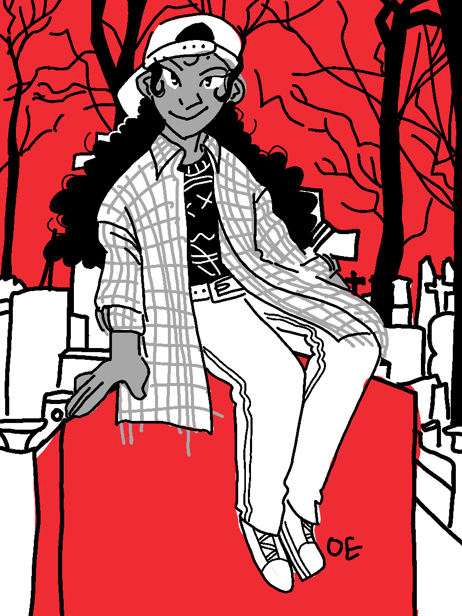 MS Paint style illustration of Eleanor sitting on a headstone against a red sky