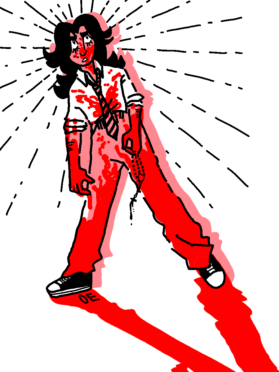 MS Paint style illustration of the protagonist standing against a white backdrop, covered in blood, a black halo around their head