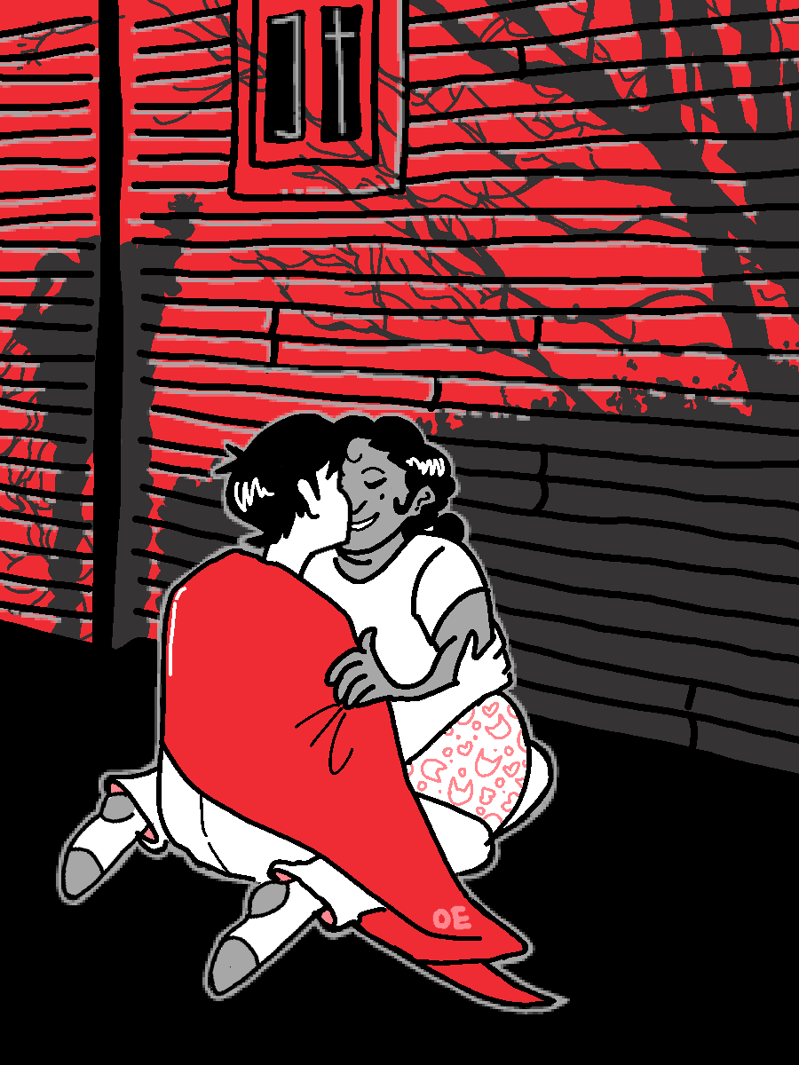MS Paint style illustration of the protagonist and Diana kissing in front of a house, shadowed by trees