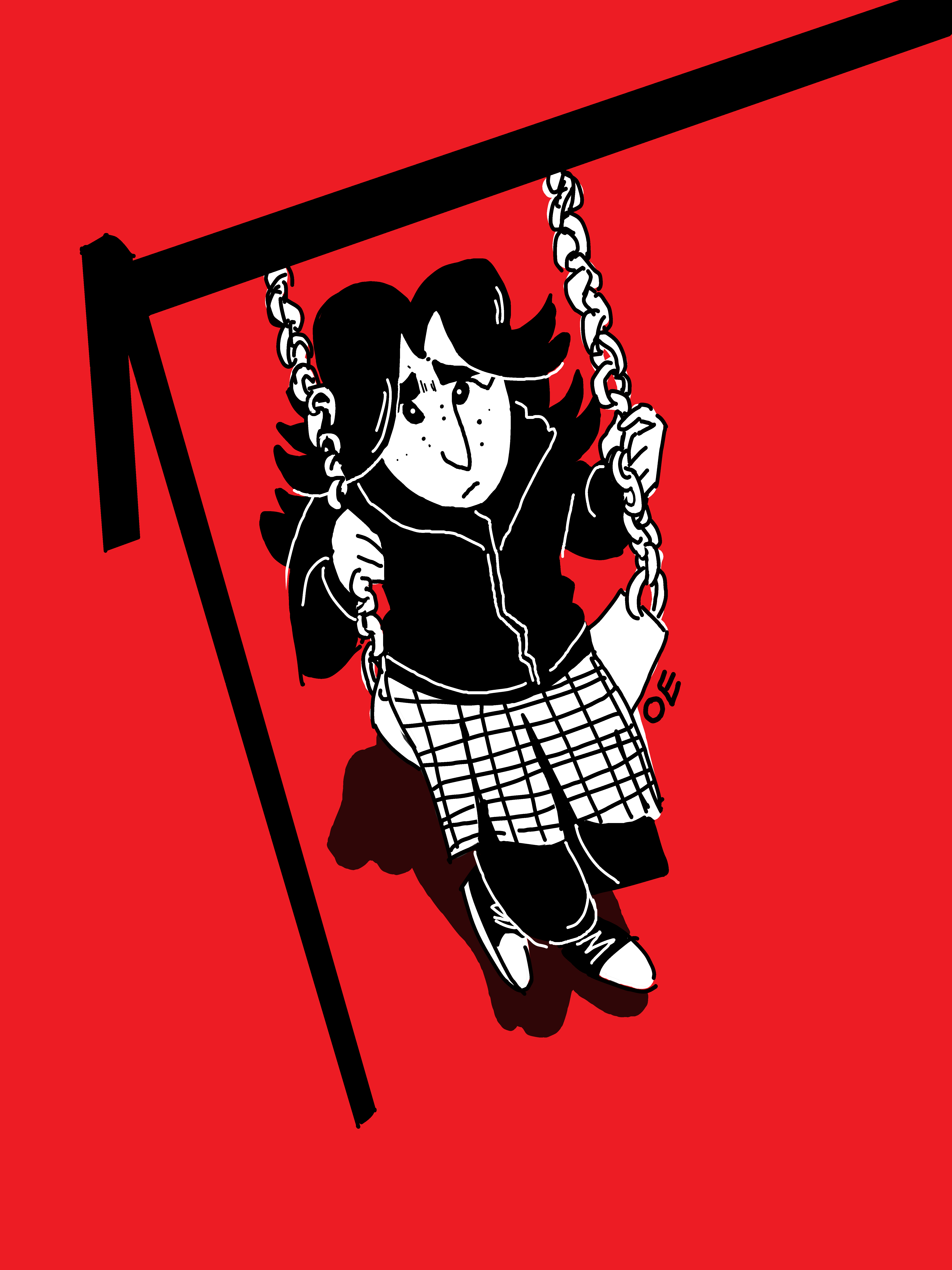 Illustration of the protagonist on a swingset, against a red background, staring up at the sky