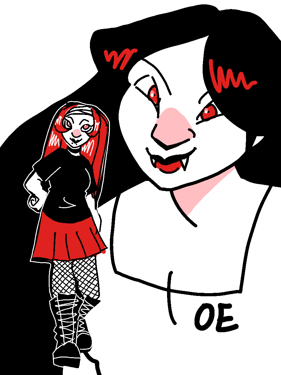 MS paint illustration of Eris, a classic goth girl with red hair, walking towards the viewer. In the background is a bust of her as seen in the protagonist's memory.