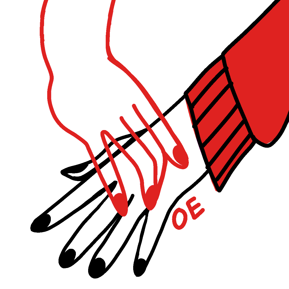 illustration of two hands, one lined with black and the other red, brushing one another