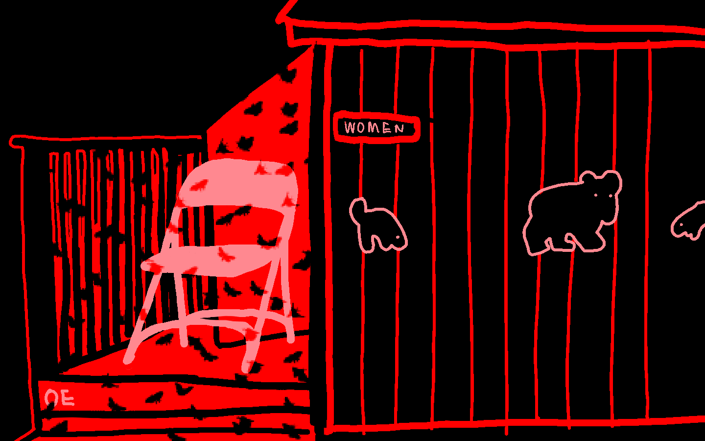 MS Paint style illustration of a metal chair holding open the door to a campground bathroom, covered in moths