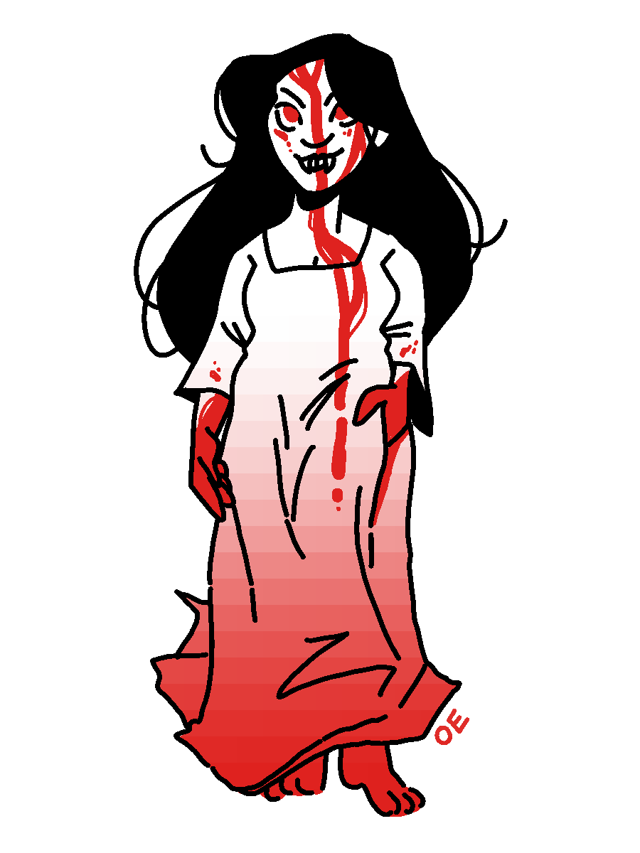 MS Paint style illustration of Eris in a white shift with black hair, covered in blood