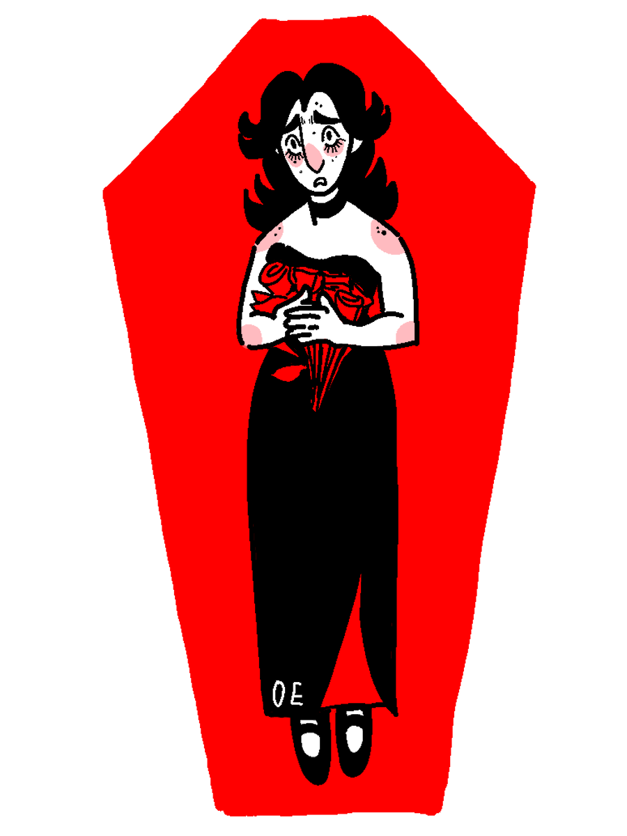 MS Paint-style illustration of the protagonist in a black dress and choker, holding a boquet of roses, lying on a red, coffin shaped backdrop