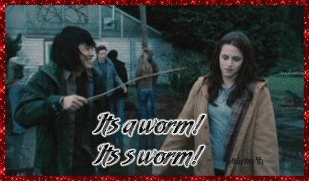 gif of a scene from Twilight (2008), in which Bella's classmate sticks a worm in her face