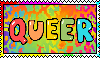 rainbow stamp with'queer'written in bit block letters