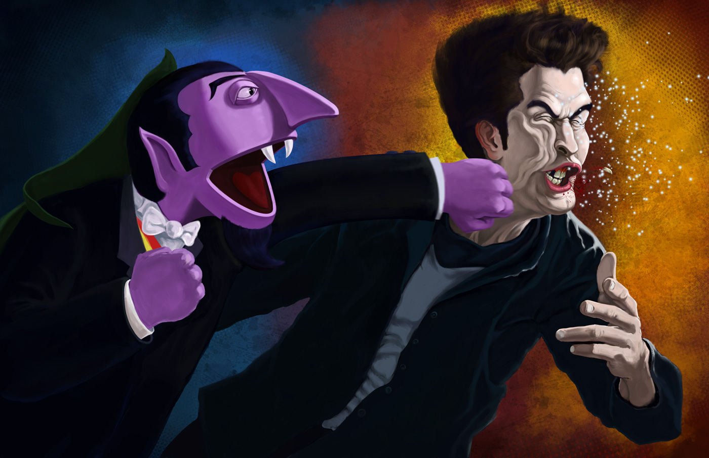 a digital painting of the Count from Sesame Street punching Edward Cullen in the face