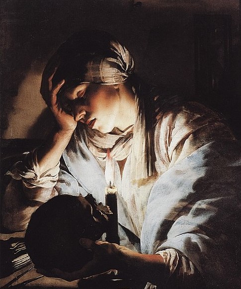 oil painting of a woman in candlelight holding a skull
