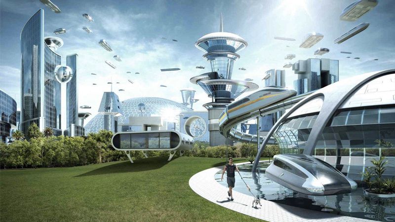 blank 'society if' meme, depicting a Utopian future of sleek chrome buildings