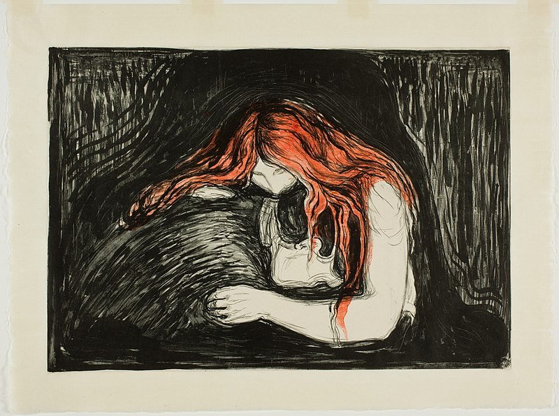 Edvard Munch print of a red-heade woman with her face buried into a man's neck